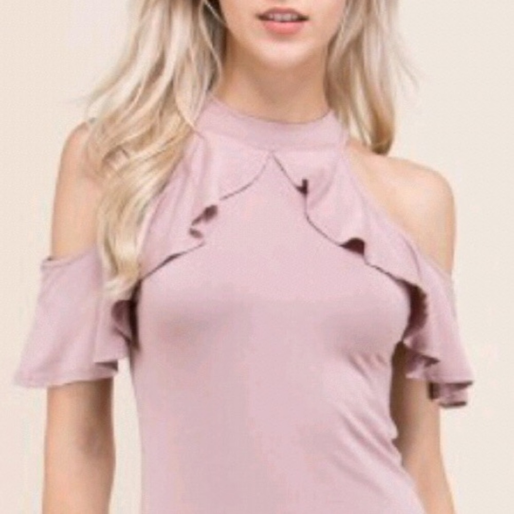 "Carrie" ll Dusty Mauve Cold-Shoulder Ruffle Dress - Picture 3 of 5