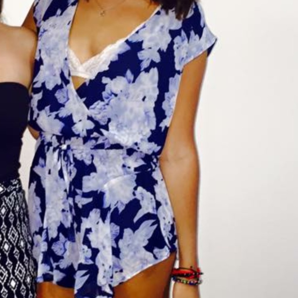 Blue floral tie front romper