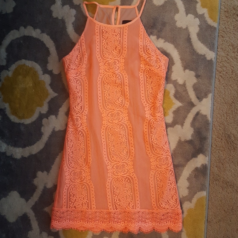 Neon Coral Lace Bodicon Dress