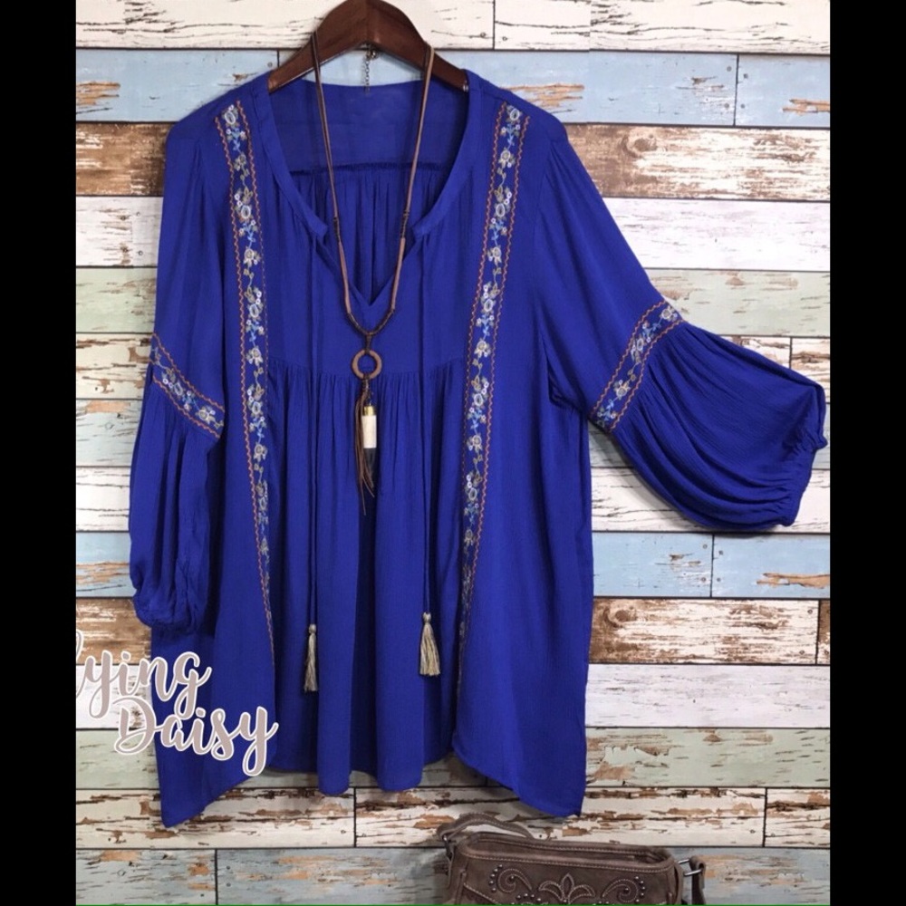 Plus Size Embroidered Tunic Boho Top XL 1X 2X Blue - Picture 1 of 3