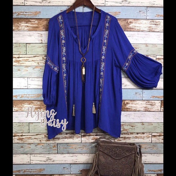 Plus Size Embroidered Tunic Boho Top XL 1X 2X Blue - Picture 3 of 3