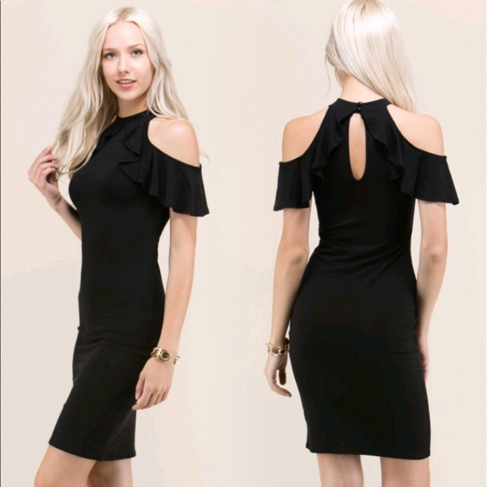 "Carrie" ll Black Cold-Shoulder Ruffle Dress 💕 - Picture 2 of 5