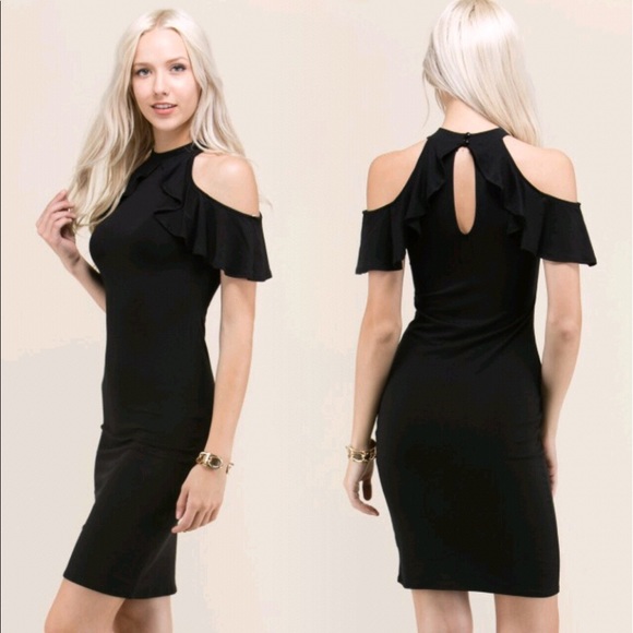 "Carrie" ll Black Cold-Shoulder Ruffle Dress 💕 - Picture 2 of 5
