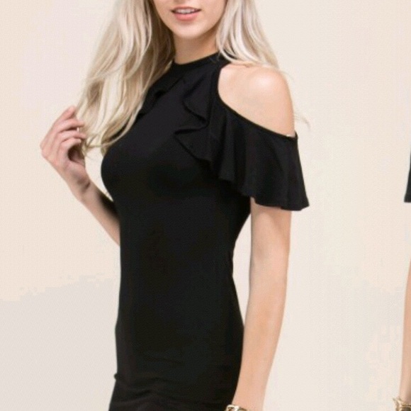 "Carrie" ll Black Cold-Shoulder Ruffle Dress 💕 - Picture 4 of 5