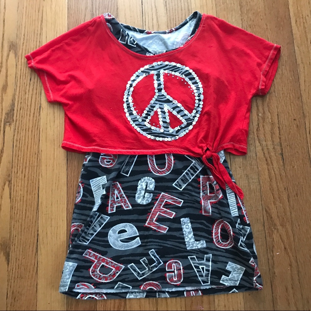 Alphabet grey tank top with a red crop top on top