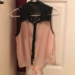 Pink with black lace button down
