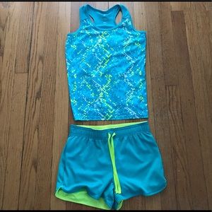 Green-blue old navy shirt and shorts