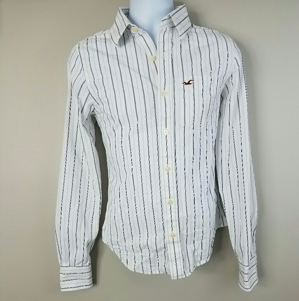 Hollister White Striped Cotton Button Up Small