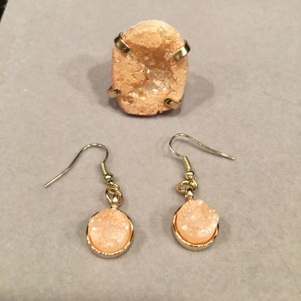 Natural pink/gold agate Druzy ring & earrings set