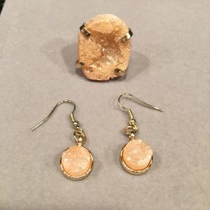 Natural pink/gold agate Druzy ring & earrings set
