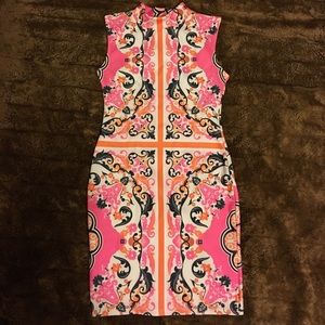 Scarf print high neck mini dress