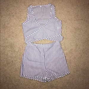 Blue and white Striped front tied top with shorts.