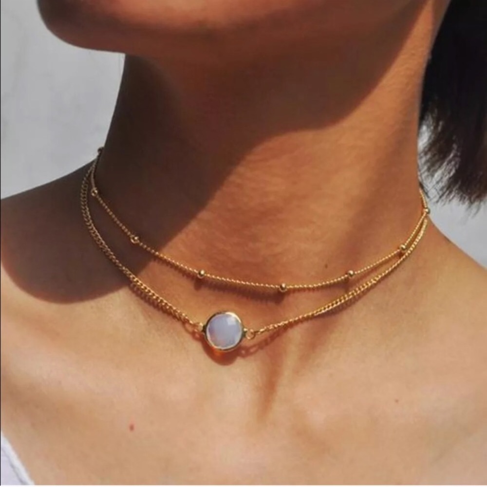 Moon stone opal double layer choker necklace