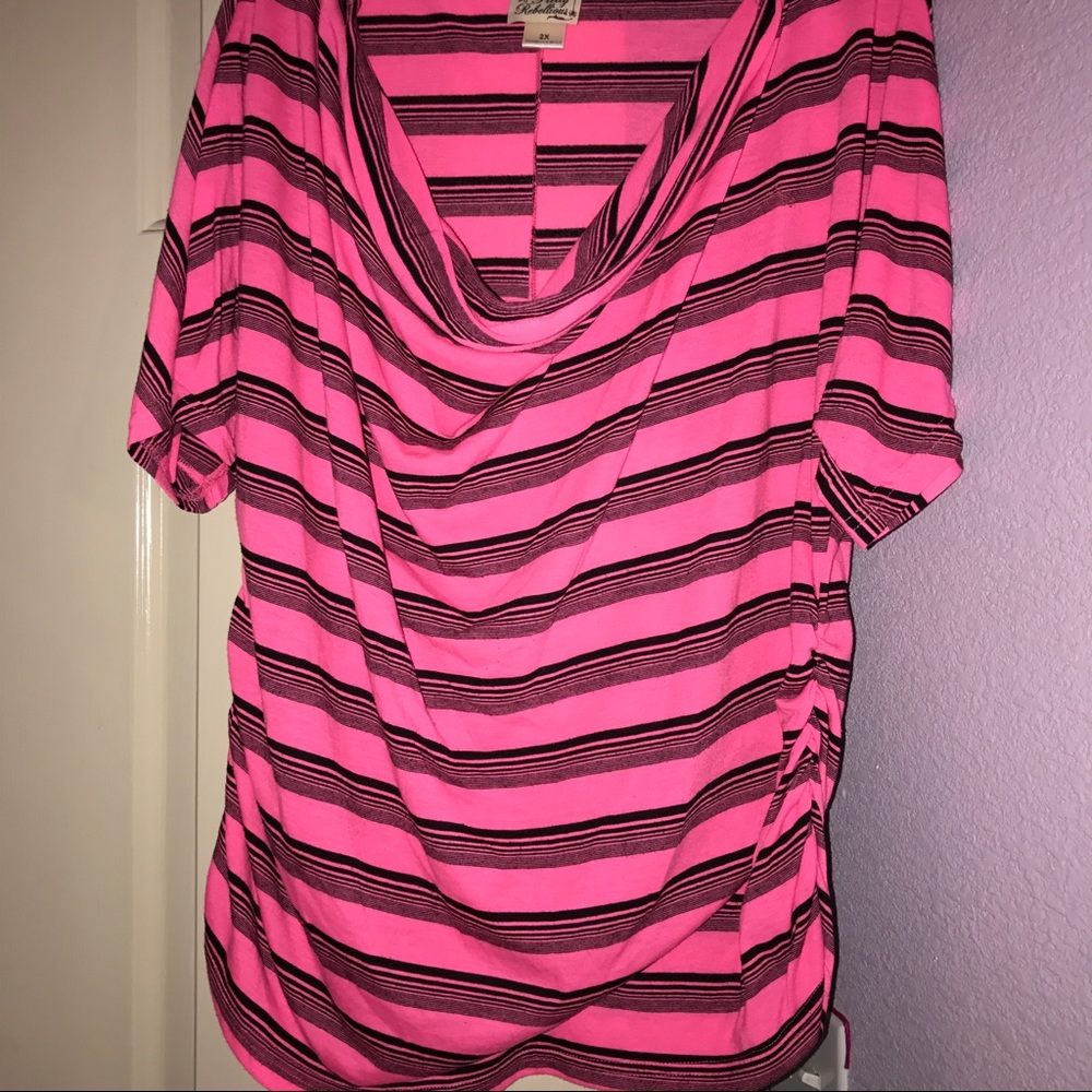 Bright pink and black striped shirt.