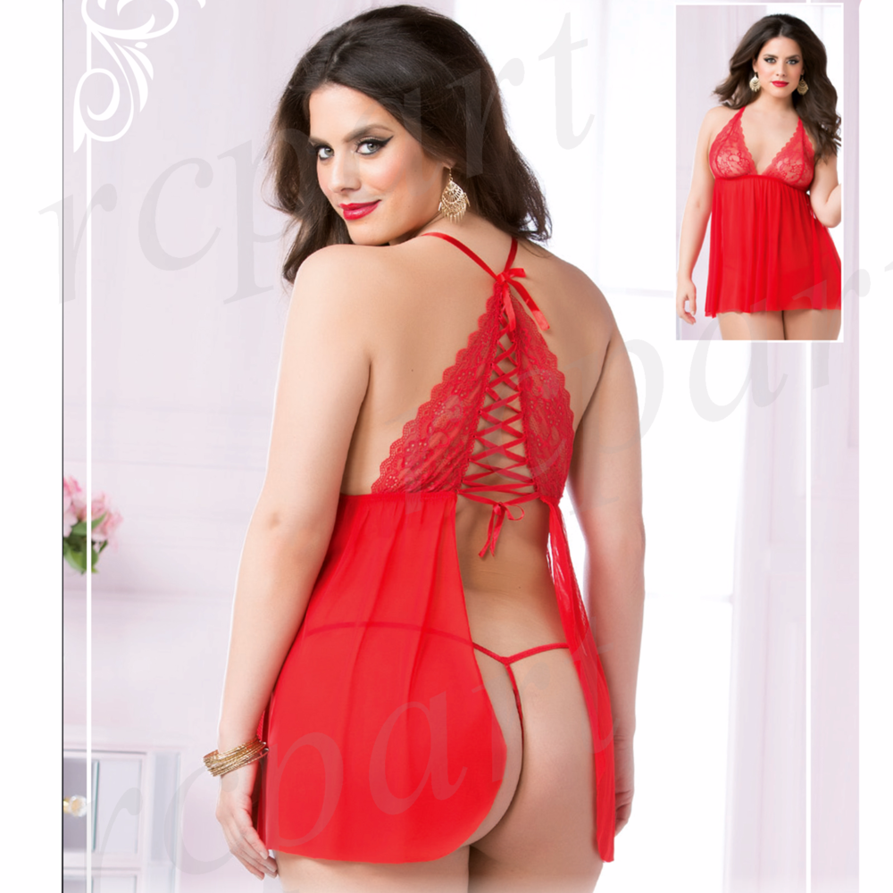 2 pc babydoll set red lace thong plus size 10603