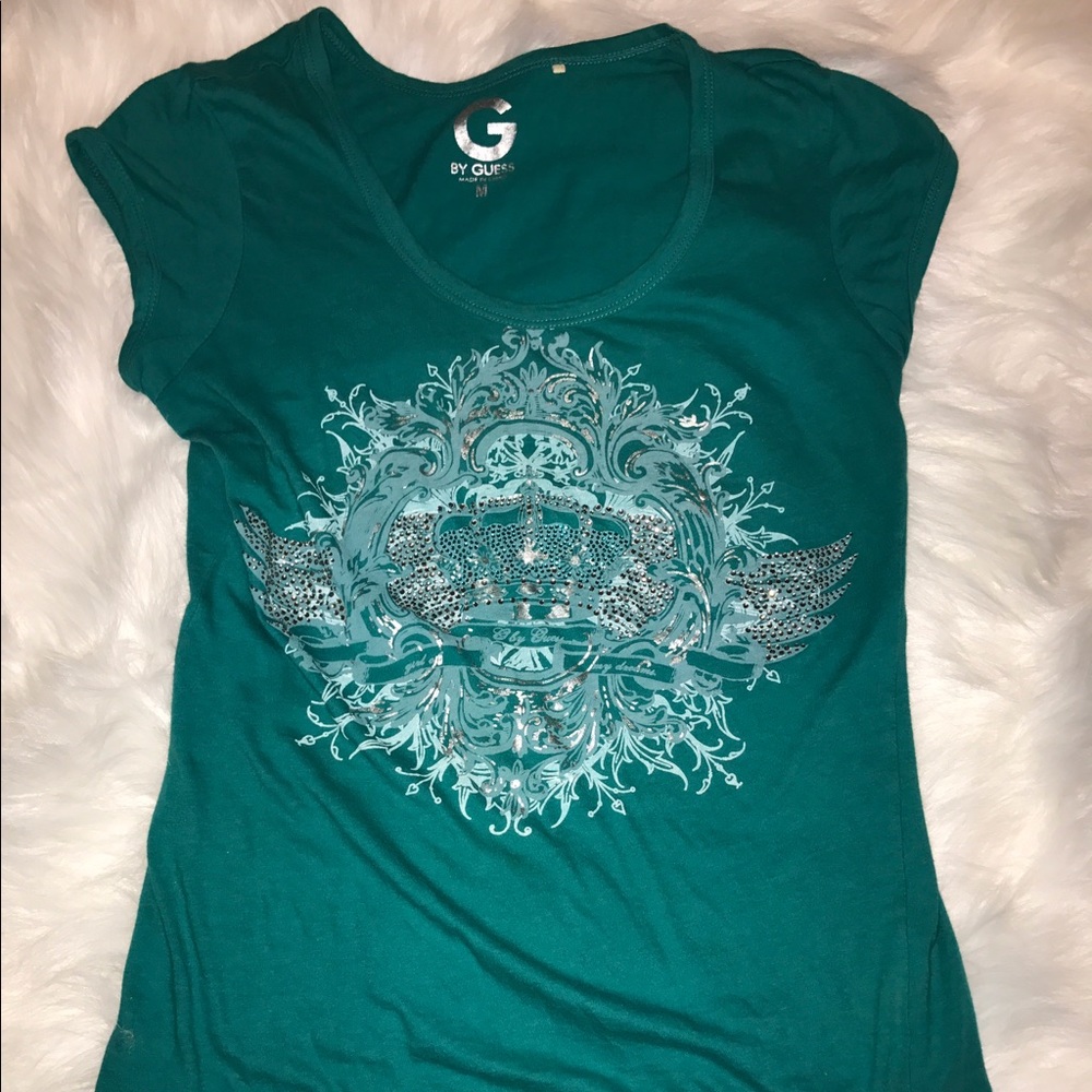 Teal Rhinestoned G by Guess Juniors Size M shirt