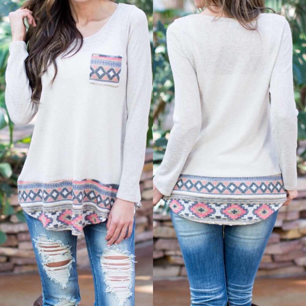 Tan Tunic with Aztec Design and Pocket