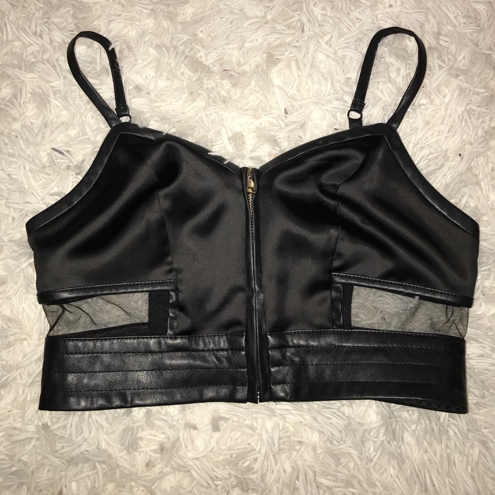Satin leather mesh crop top
