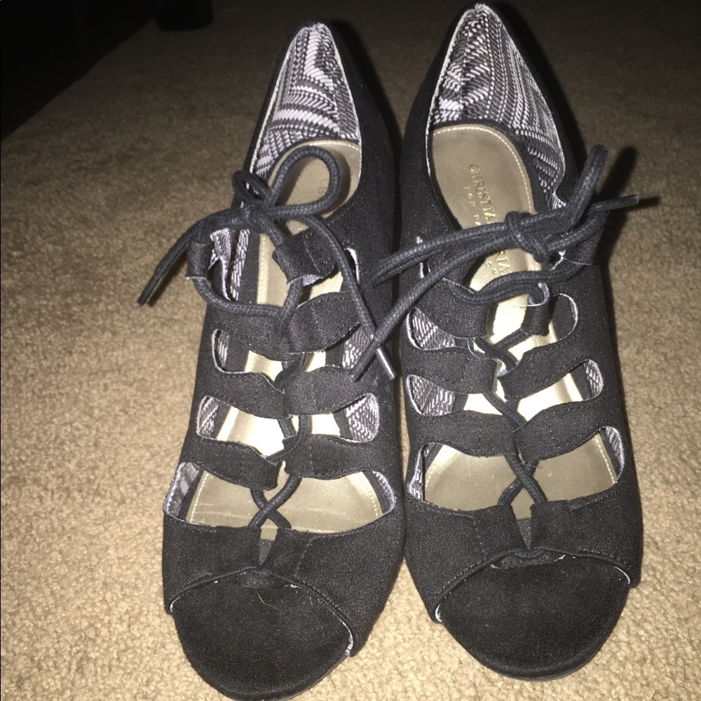 Black lacy suede stilettos