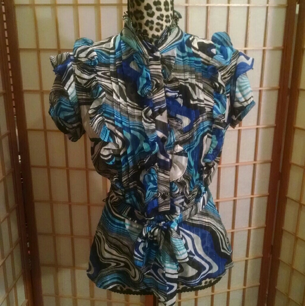 Cashé Blue Abstract Pessant Blouse