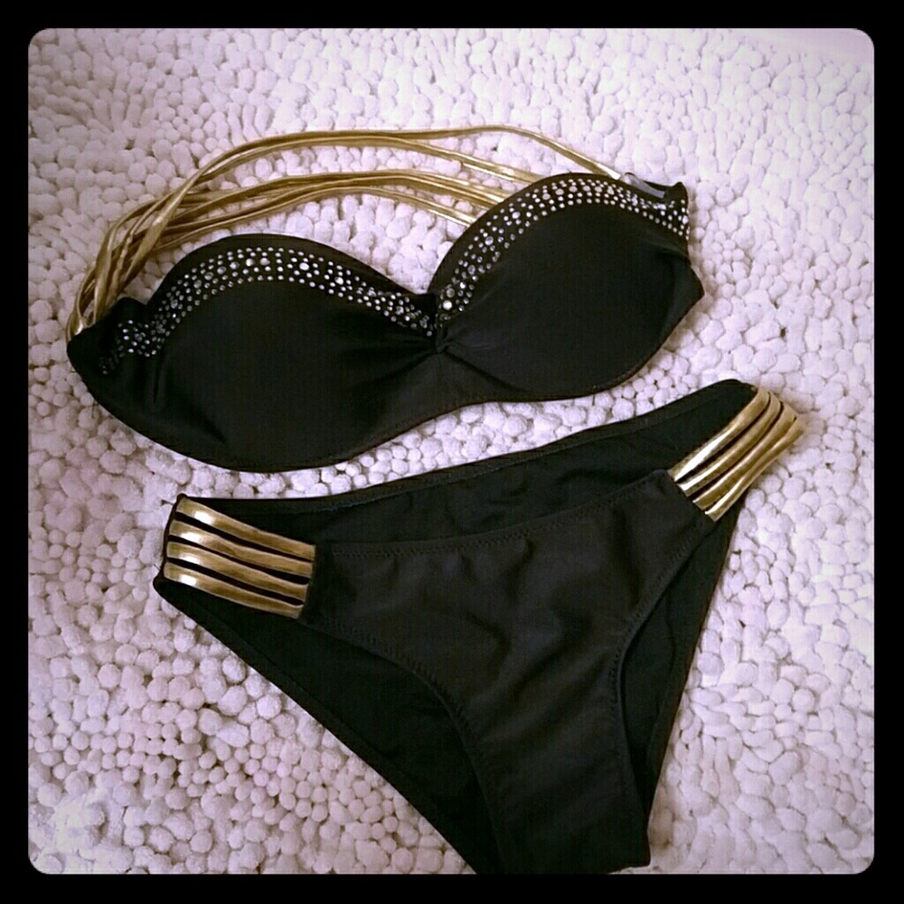 Black and gold strapless bikini with beaded accent