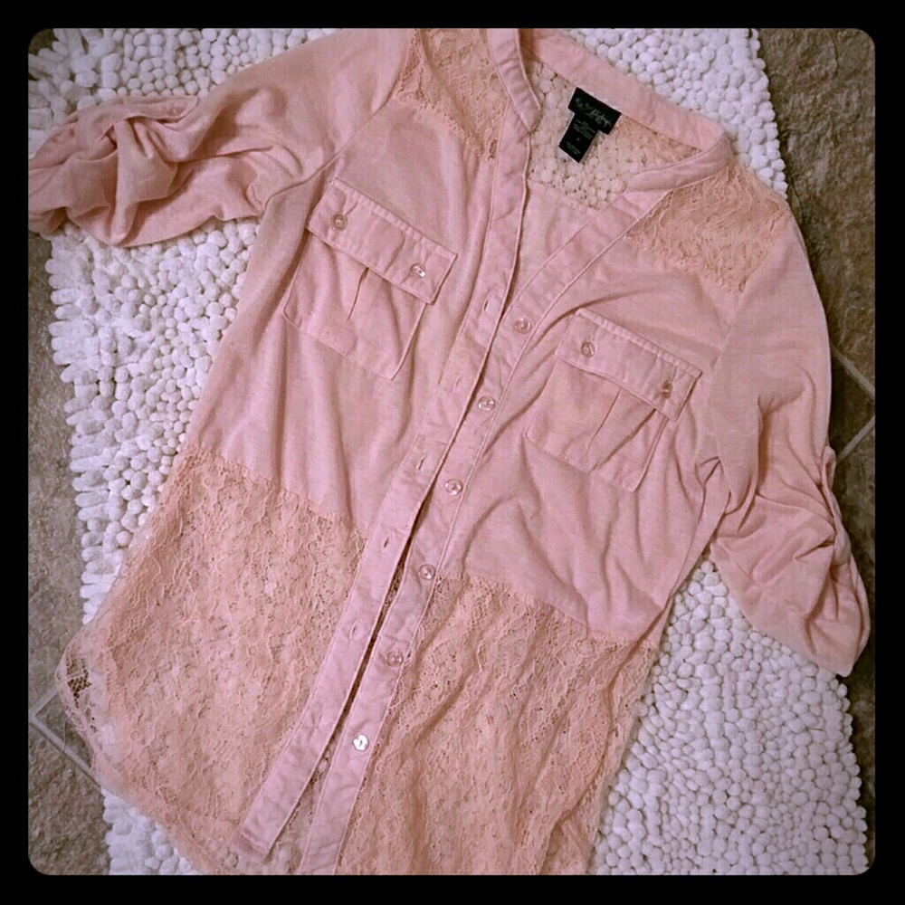 Light pink button up blouse with lace