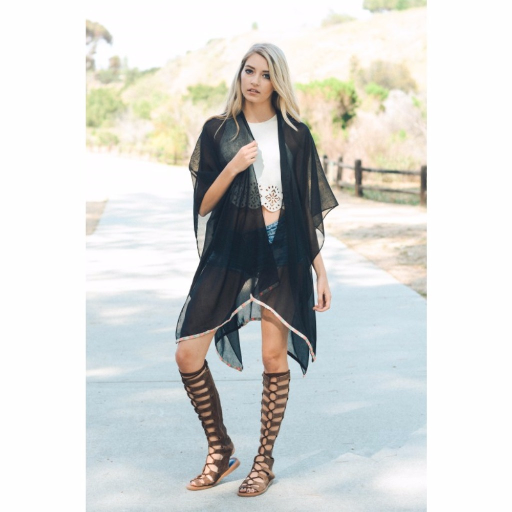 NEW Sheer Sexy Lingerie Coverup Black Boho Kimono