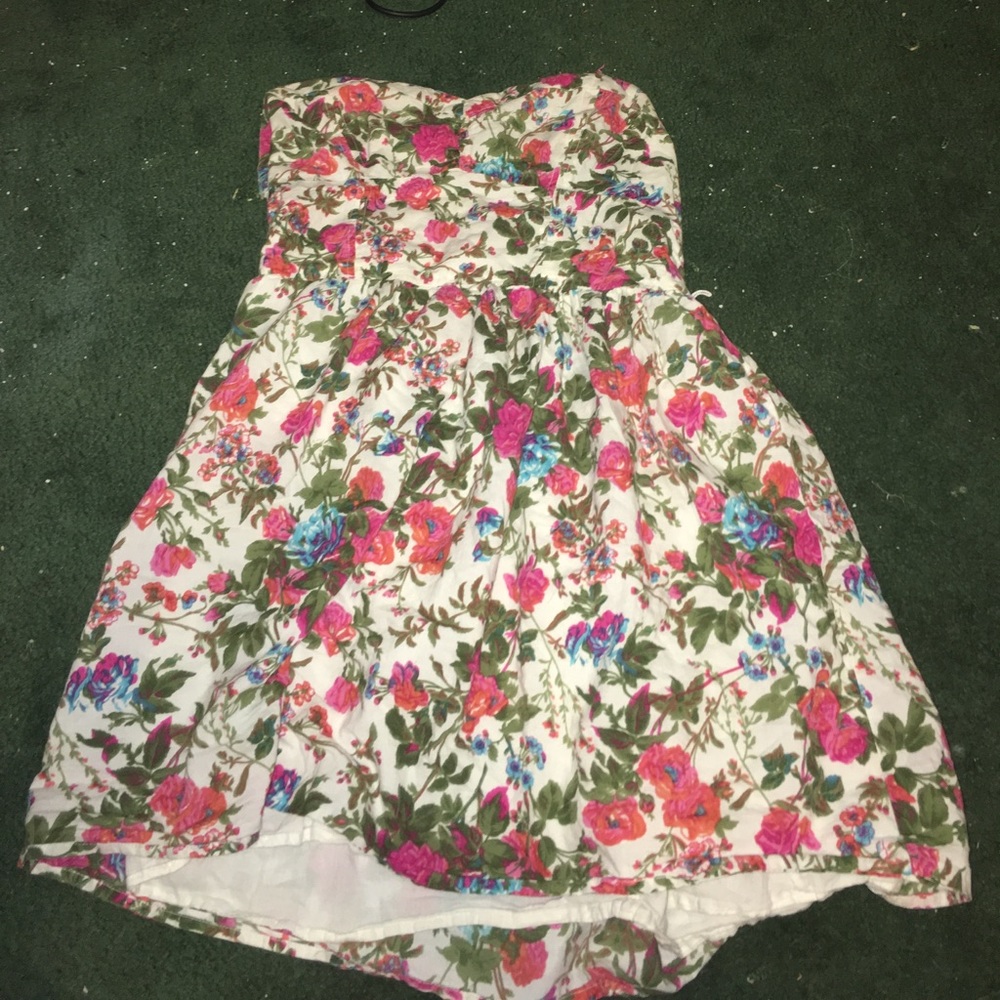 floral strapless mini dress