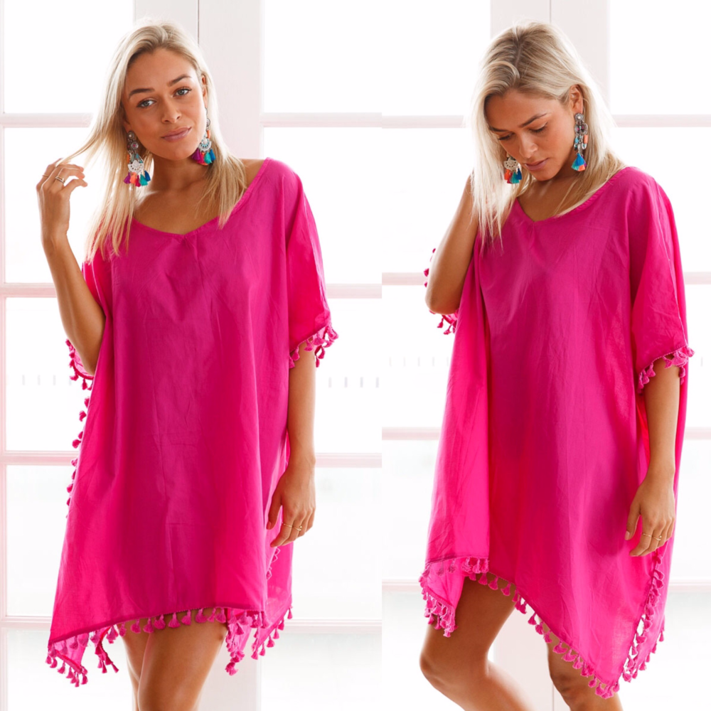 HOT PINK Sexy Pom Pom Tassel Beach Cover up Dress