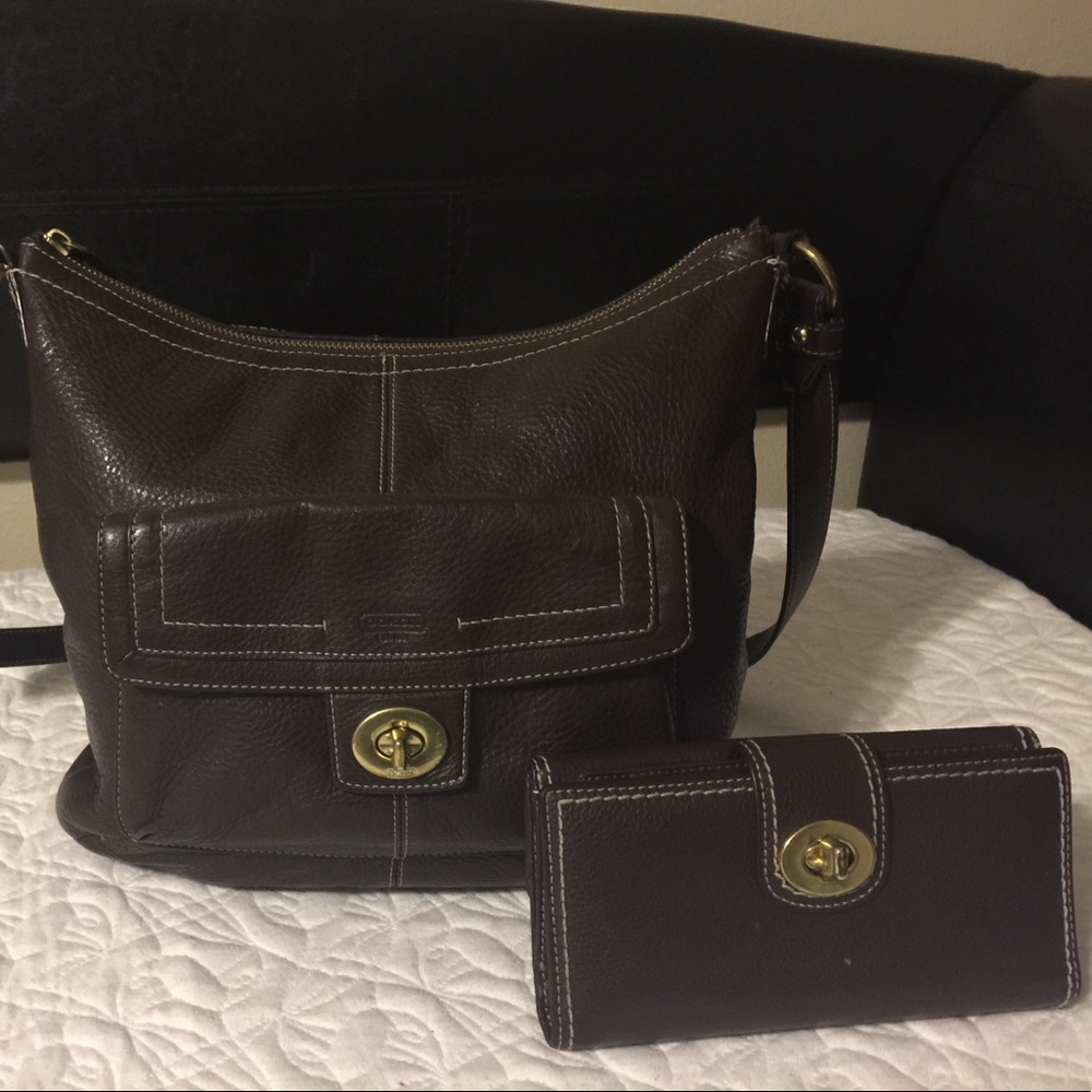 Brown leather satchel with wallet