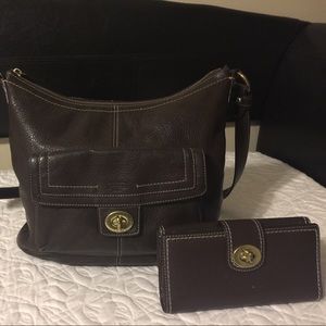 Brown leather satchel with wallet
