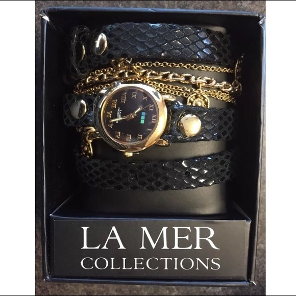 NIB LA MER Black Multichain Snakeskin Design Watch main image 4