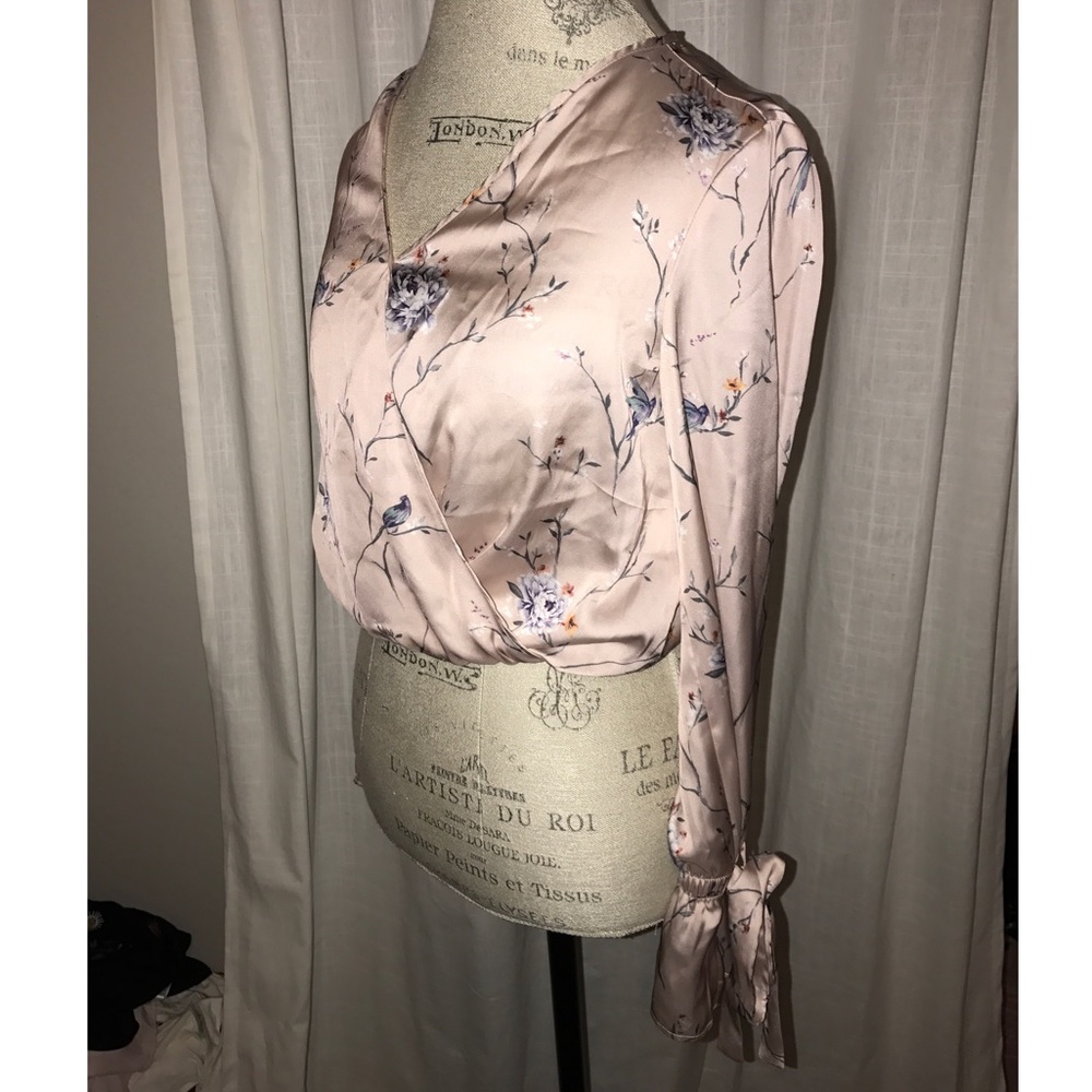 Floral Silk Blouse with Tie Sleeves