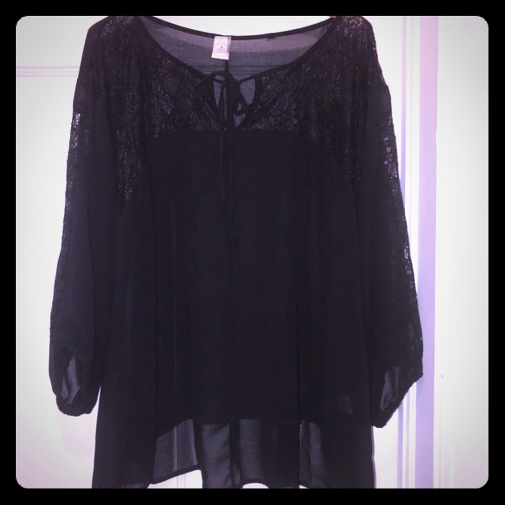 Paper crane black sheer lace blouse peasant top L
