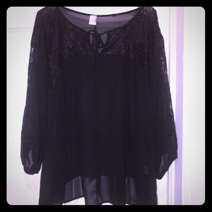 Paper crane black sheer lace blouse peasant top L