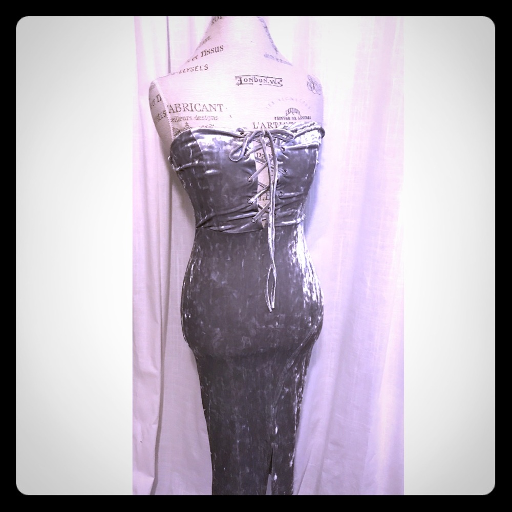 Strapless Crushed Velvet Lace Up Dress