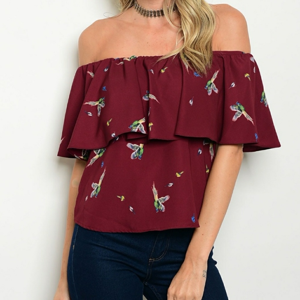 3PACK WINE BIRD PRINT RUFFLE OFF SHOULDER TOP