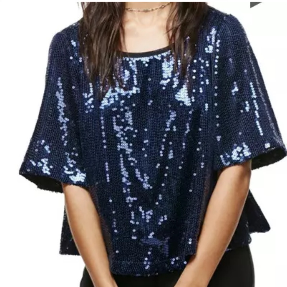 Free People Navy Disco Sequined Top Blouse