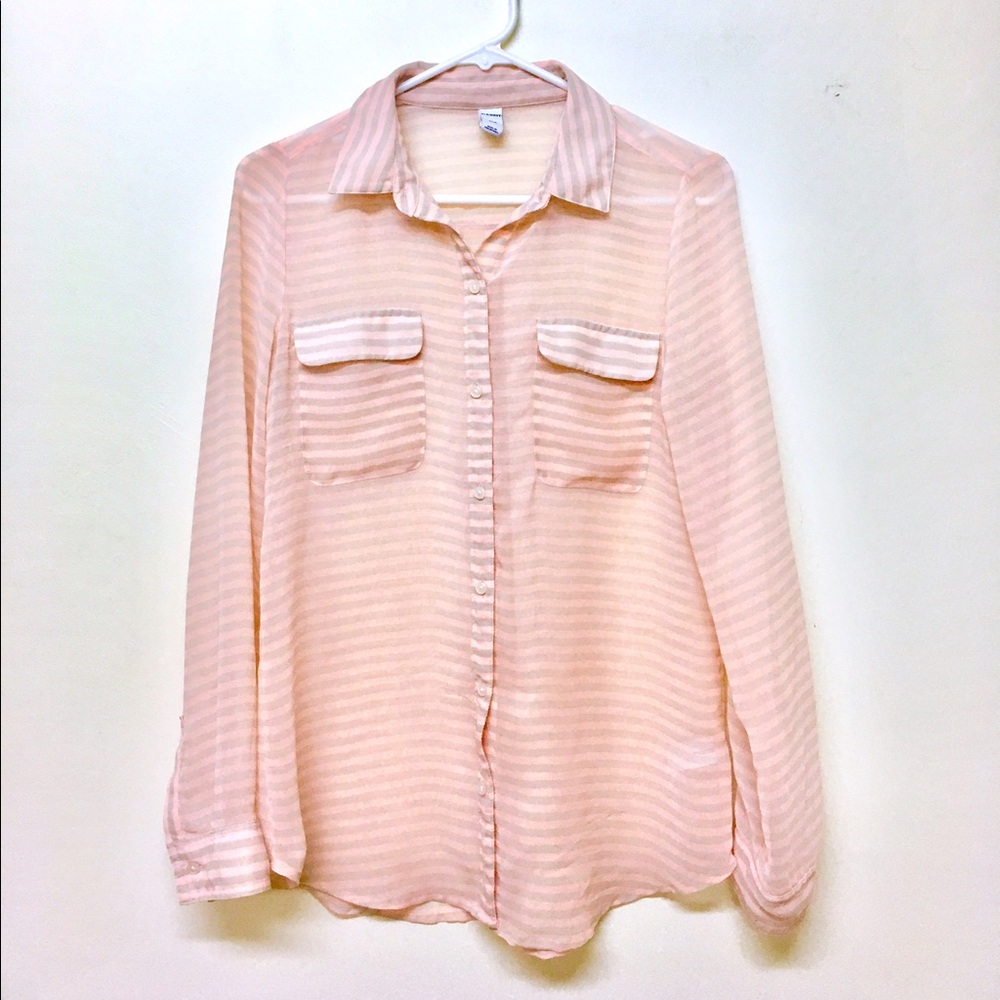 Pink gray striped chiffon button up blouse