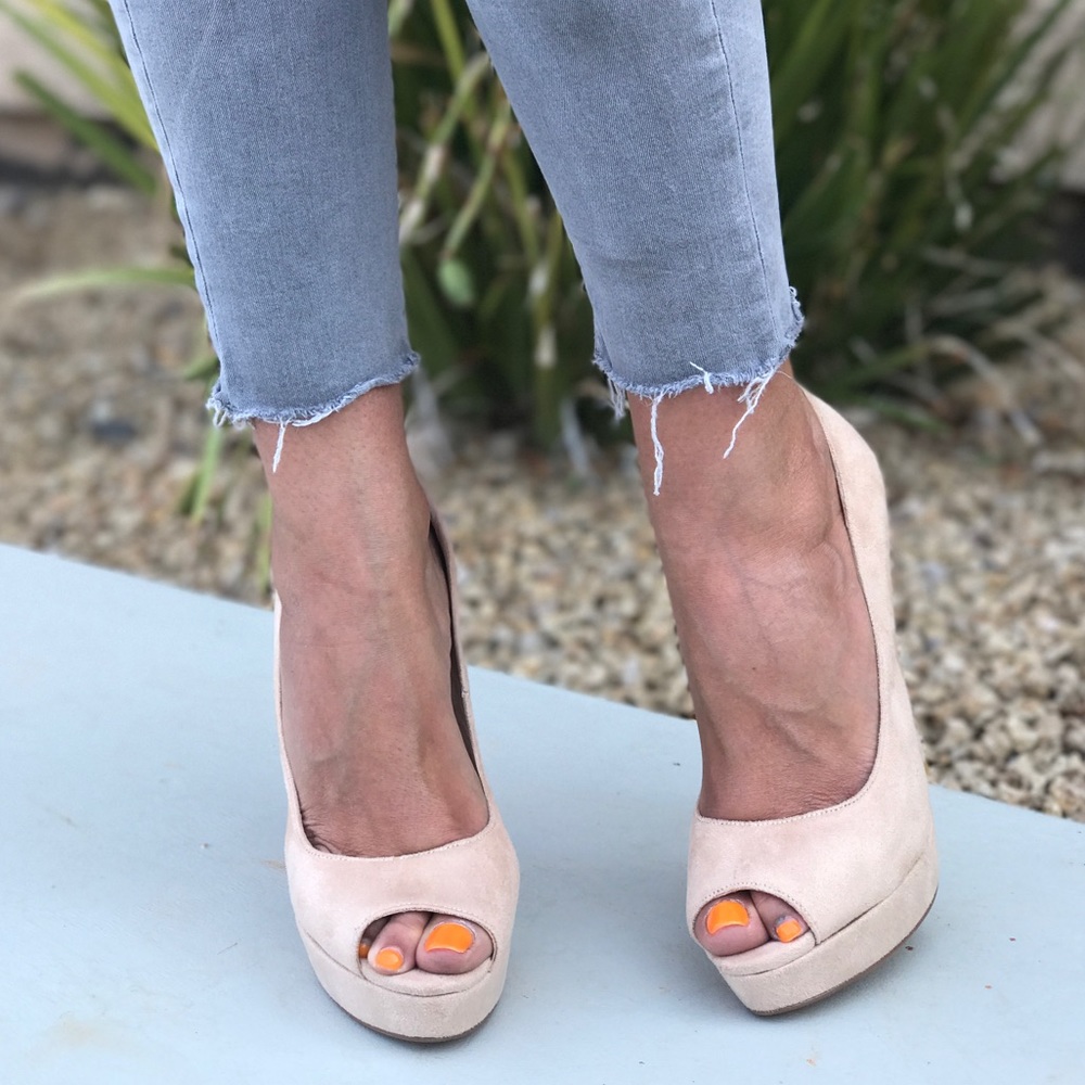 Blush Peep Toe Towering High Heel Platform Pumps - Picture 2 of 3