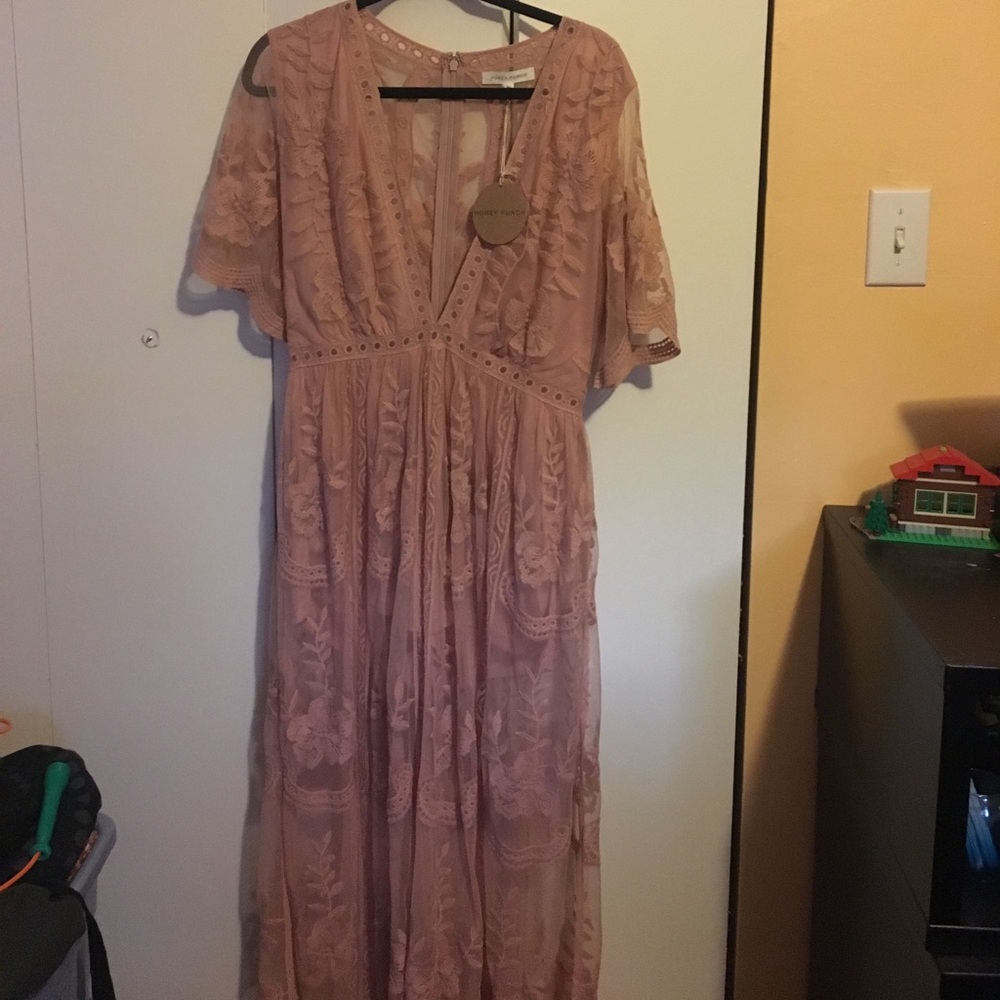 NWT HoneyPunch Pink Lace Maxi Dress / Romper Blush
