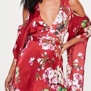 Red Silky Kimono Cold Shoulder Dress