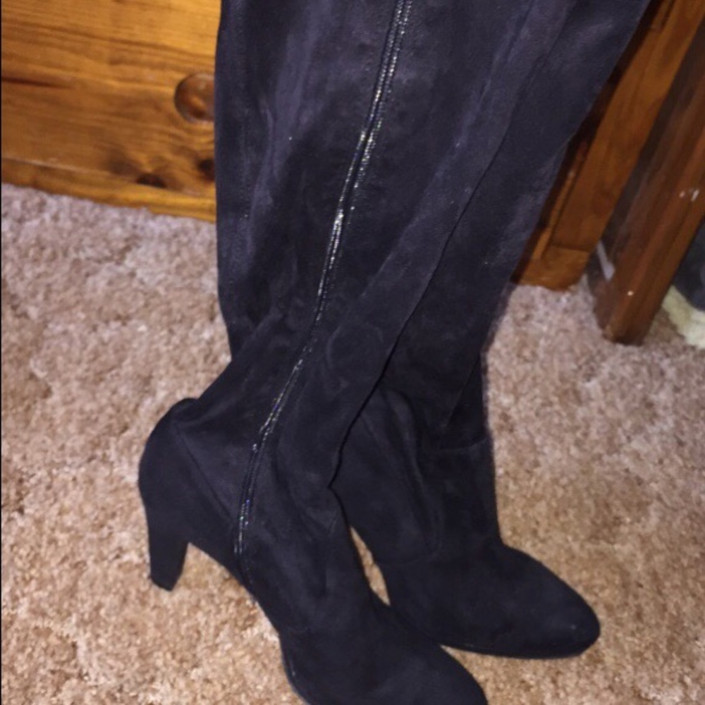 Long black suede high heel boots