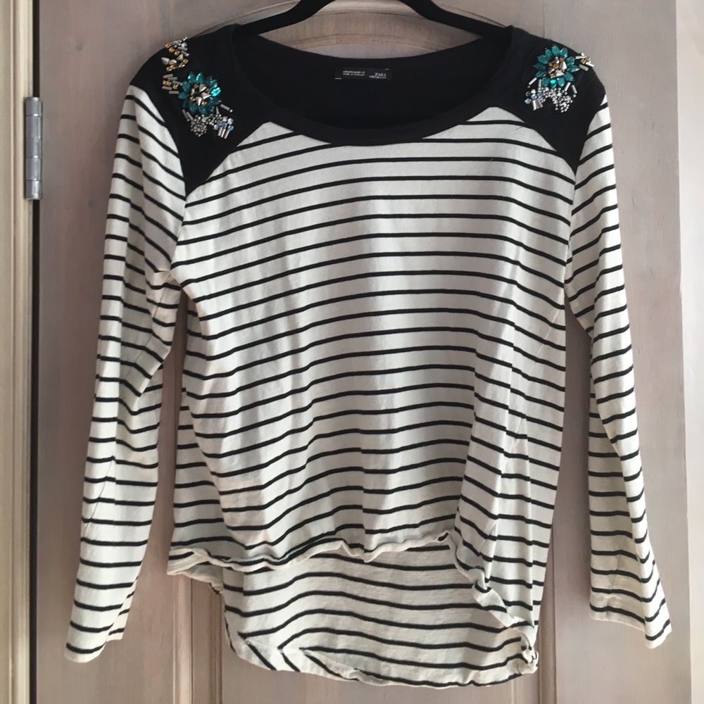 ZARA W/B Collection Striped B&W Jeweled Shoulder