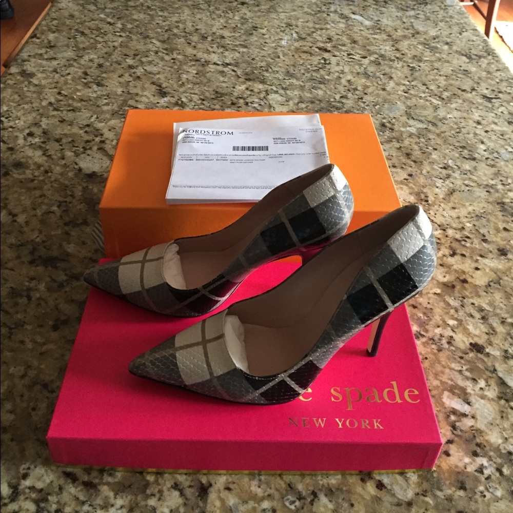 Kate Spade "licorice too pump", grey and plaid.
