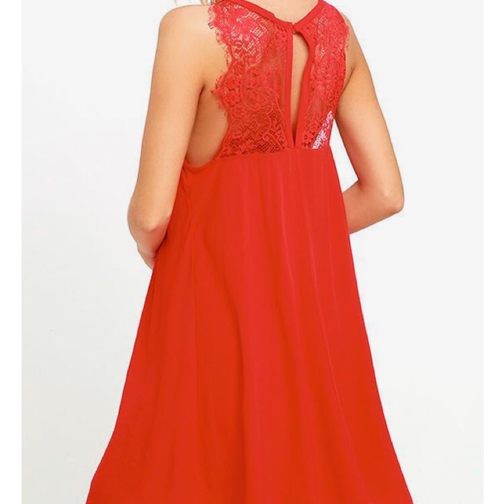 Lace back shift dress. Orange/red.