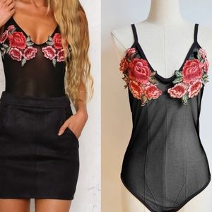 ROSE EMBROIDERED BLACK MESH BODYSUIT