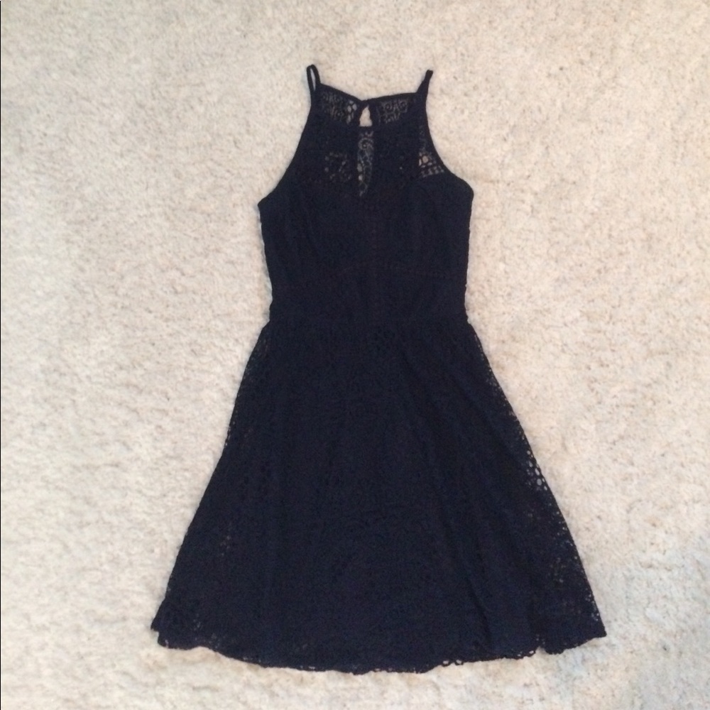 High neck lace navy dress