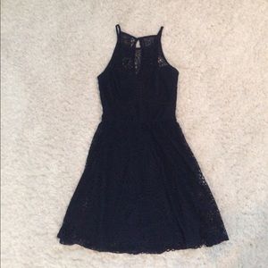 High neck lace navy dress