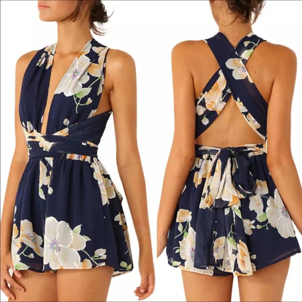Beautiful Floral Romper Low Cut High Waist
